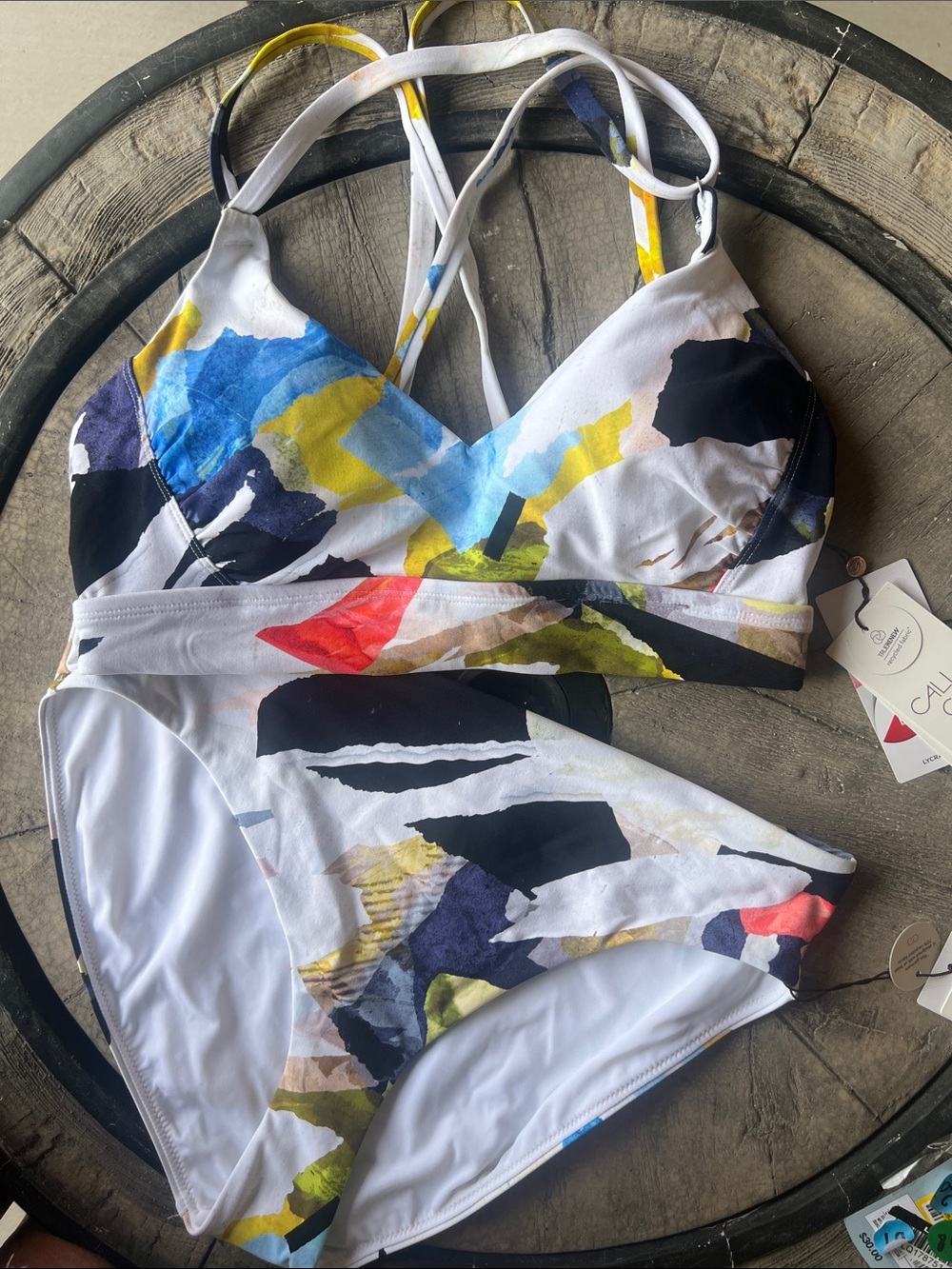 Abstract Multicolor V-Neck Bikini Set in White